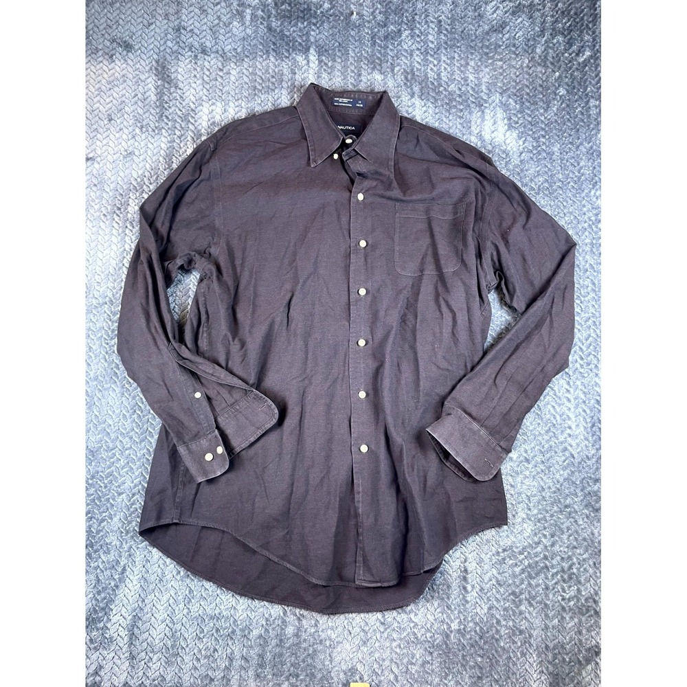 Nautica Dress Shirt Mens 17 Brown Cotton Wrinkle Free Pleated Formal Business